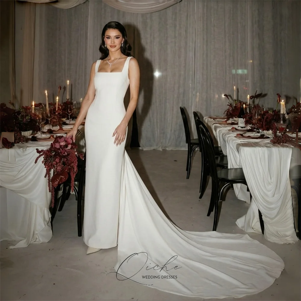 QICHE Charmante schede trouwjurk met cape vierkante kraag spaghettibandjes open rug mouwloze bruidsjurk dames op maat
