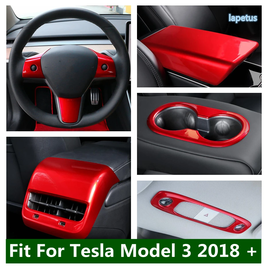 

Red Steering Wheel Water Cup Holder Rear Air Vent Outlet Armrest Box Cover Trim For Tesla Model 3 2018 - 2021 Car Accessories