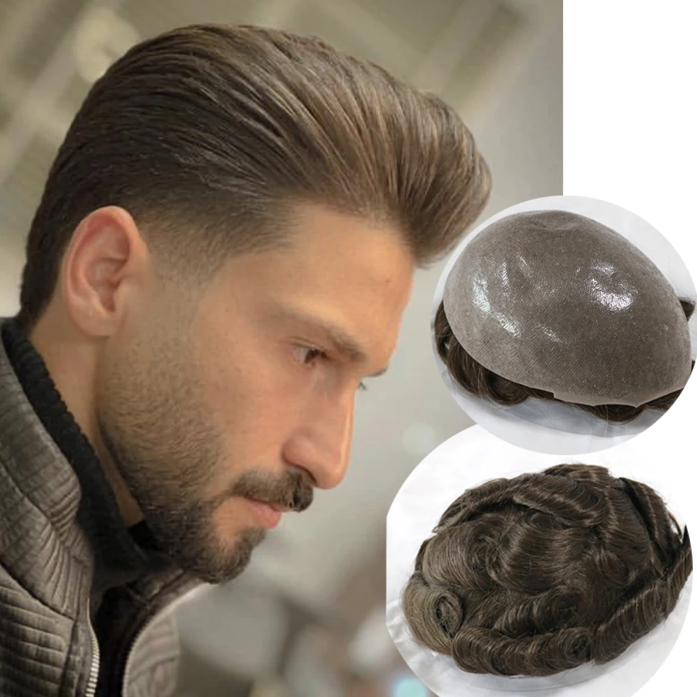 Natural Hairline Ash Brown 0.06mm-0.08mm Invisible Ultra Thin Skin Toupee Human Hair #3 Brown Blonde Men Capillary Prothesi