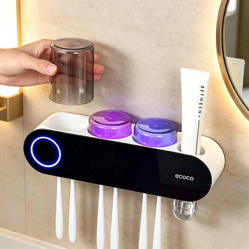 Toothbrush Sanitizer Rack with Dispenser, Wall Mounted UV Sterilization Cabinet, No-Drill Easy Setup, Secure Anti-Drop Black