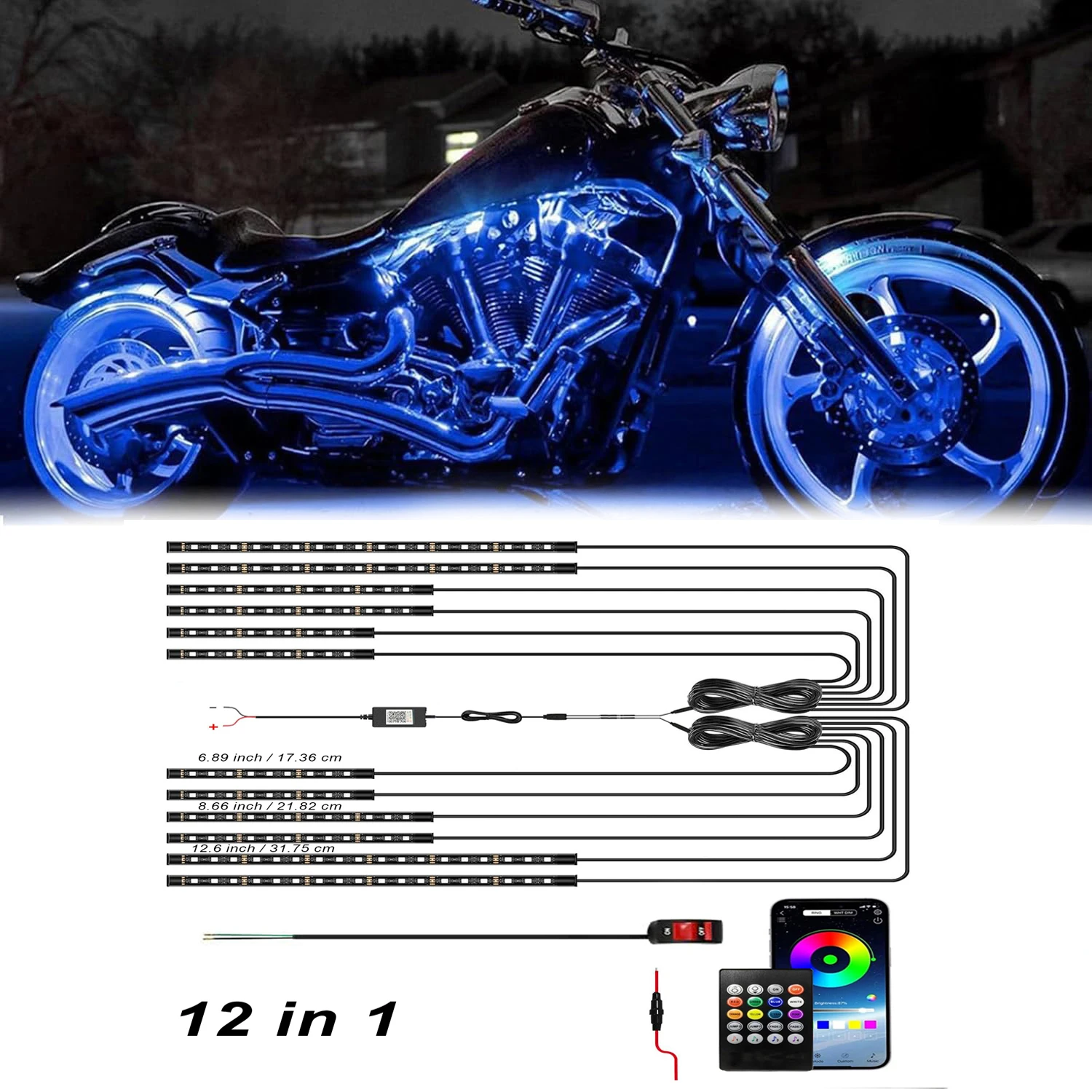12in1 New Motorcycle Atmosphere Underglow Lights 12V LED Motorcycle Light Kits RGB App Remote Control Decorative Strip