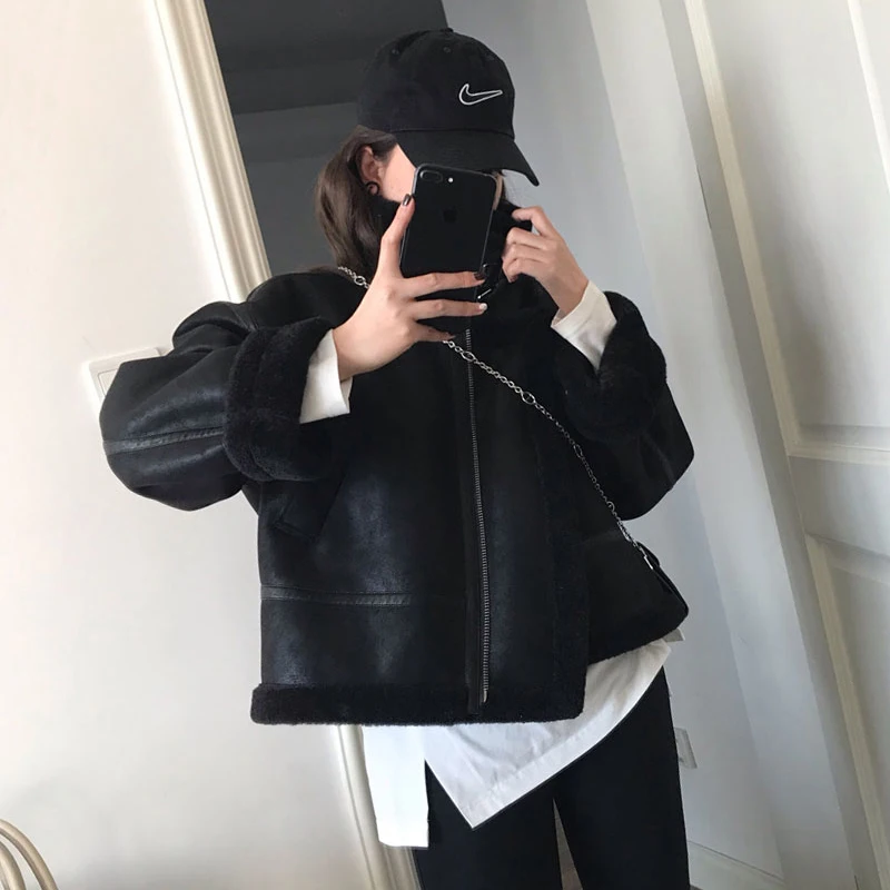 여성용 스웨이드 오토바이 자켓 양고기 모피 코트 짧은 느슨한 한국 스타일 겨울 패션 통근 윈드 브레이커 플러스 사이즈