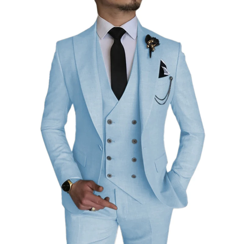 Wedding Tuxedos Latest Groom Suit Classic Men Suits Groomsmen Formal Party 3 Pieces Light Blue Woven TR Fabric Adults