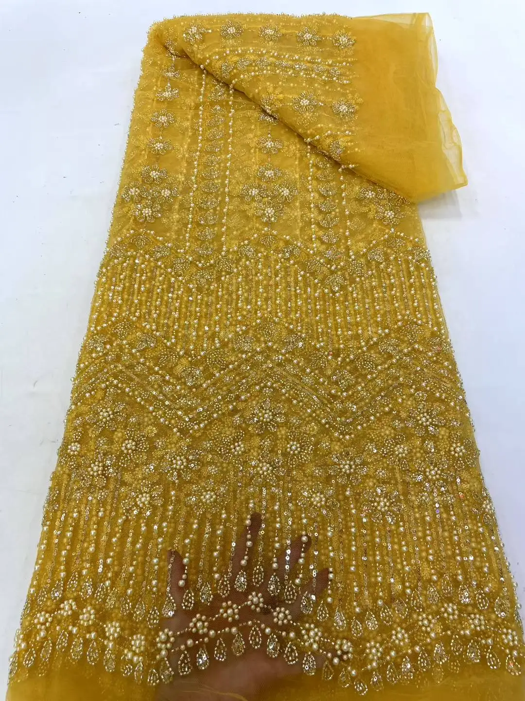 

African Nigerian 2025 Beaded Emboridery Lace High-End Luxury French Sequins Mesh Net Lace Fabric For Wedding Party Dress Women