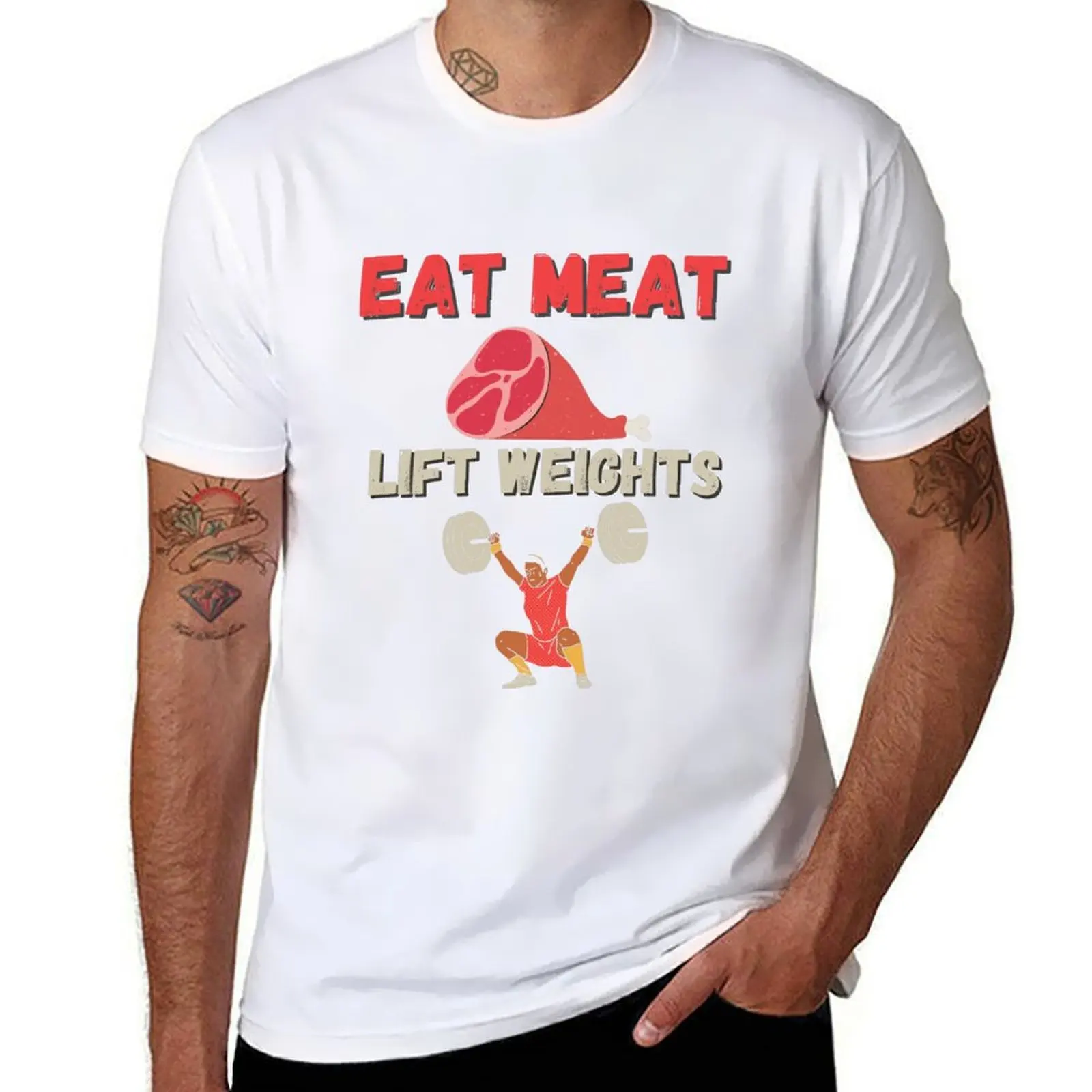 

EAT MEAT LIFT WEIGHTS CARNIVORE DIET FUNNY GIFT T-Shirt Breathable Basic Cotton T-Shirt