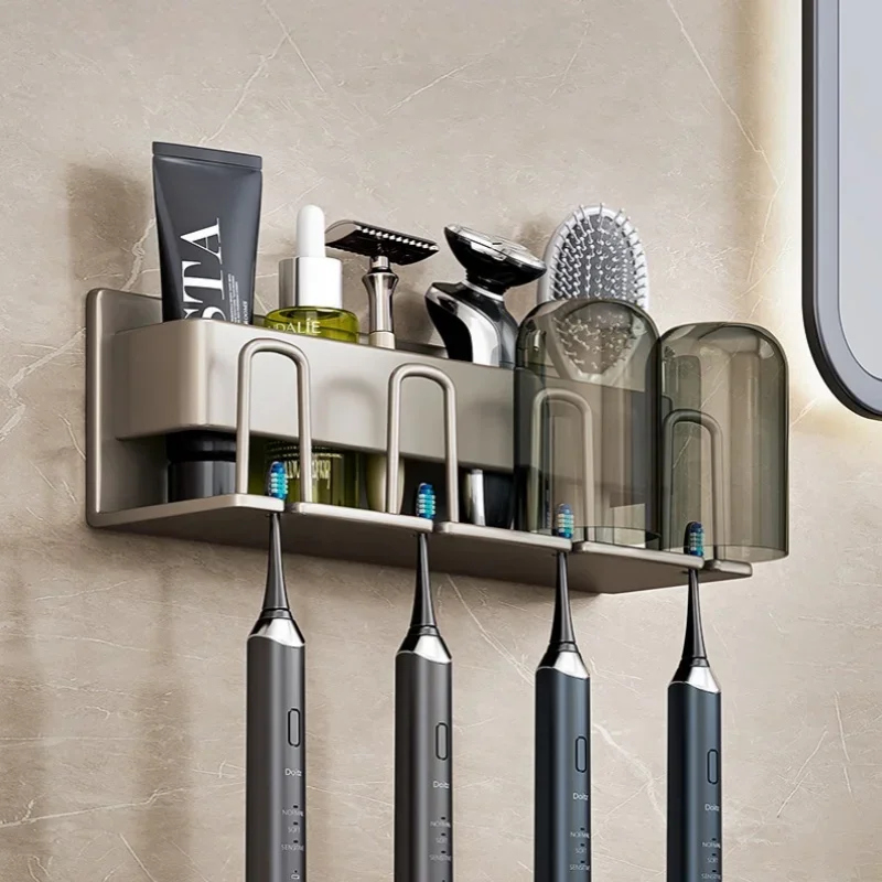 Wall Mounted Toothbrush Holder Aluminium Alloy Toothpaste Rack Drill-free Tooth Glass Rack Toothpaste Razor Storage Hook Holders