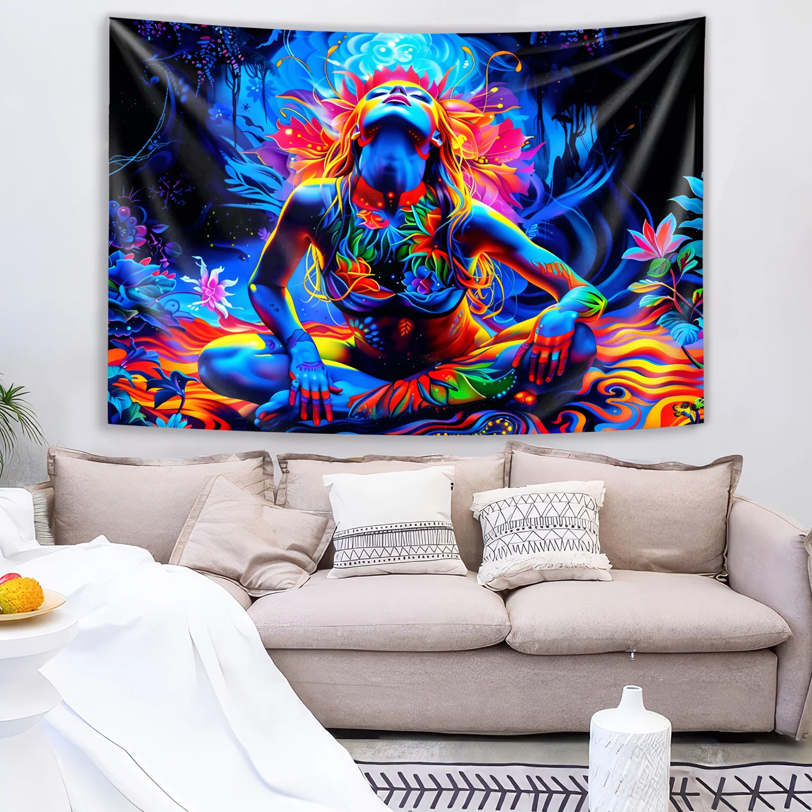 VIKAMA Psychedelic Meditation Woman Tapestry Colorful Yoga Goddess Wall Hanging Trippy Jungle Backdrop Boho Bedroom Decor