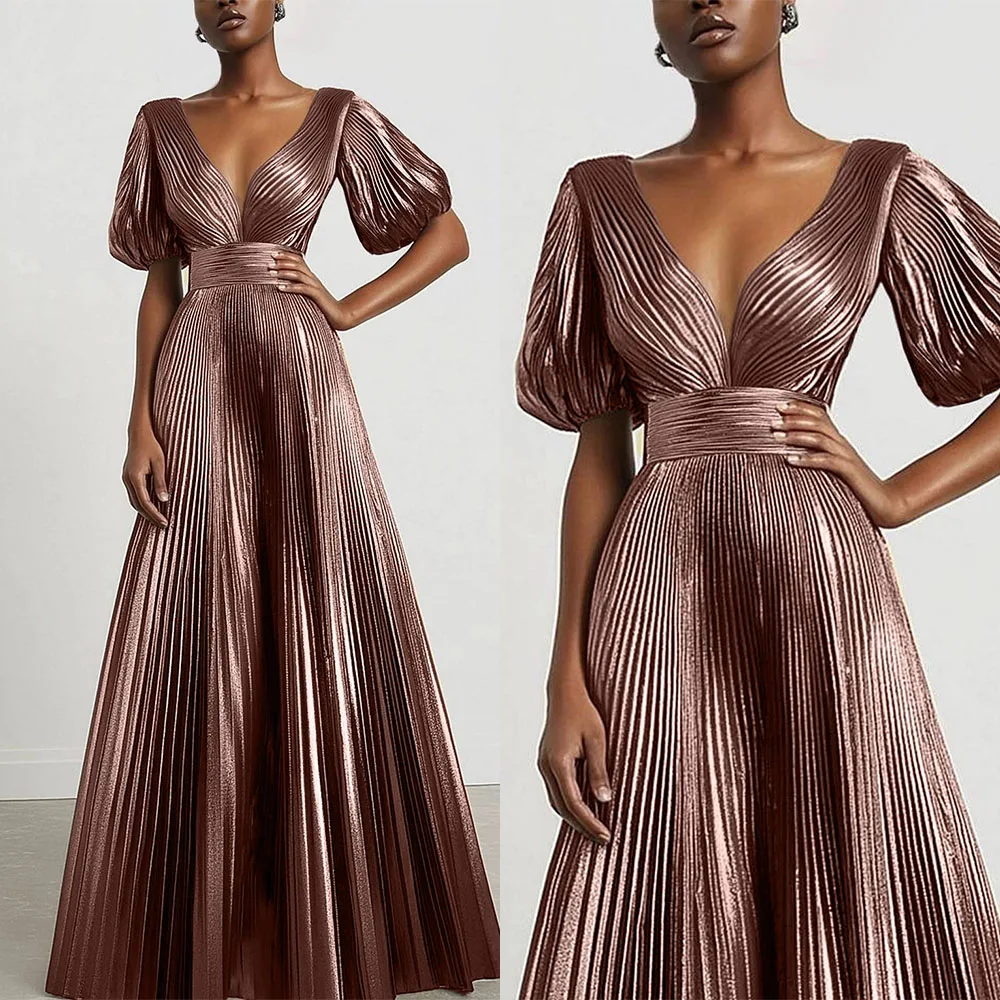 

High Quality Customized Pleat V-neck Half Sleeves Floor Length Vestidos Elegantes Para Mujer فساتين السهرة Robe De Soirée 드레스