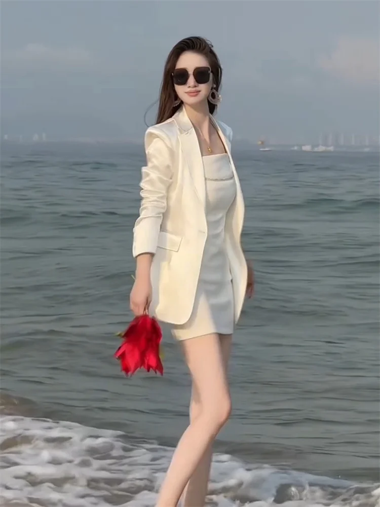 2025 primavera nova moda commute elegante conjunto de duas peças para mulheres temperamento branco emagrecimento terno casaco vestido curto