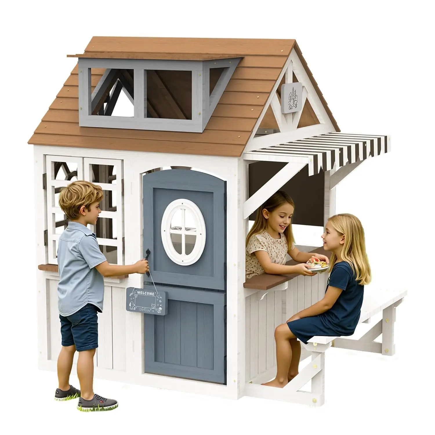 

Wooden Playhouse with Kitchen & Chalkboard Waterproof Fir Rust-Resistant Hinges Pretend Play for 3-8 Years, Custom