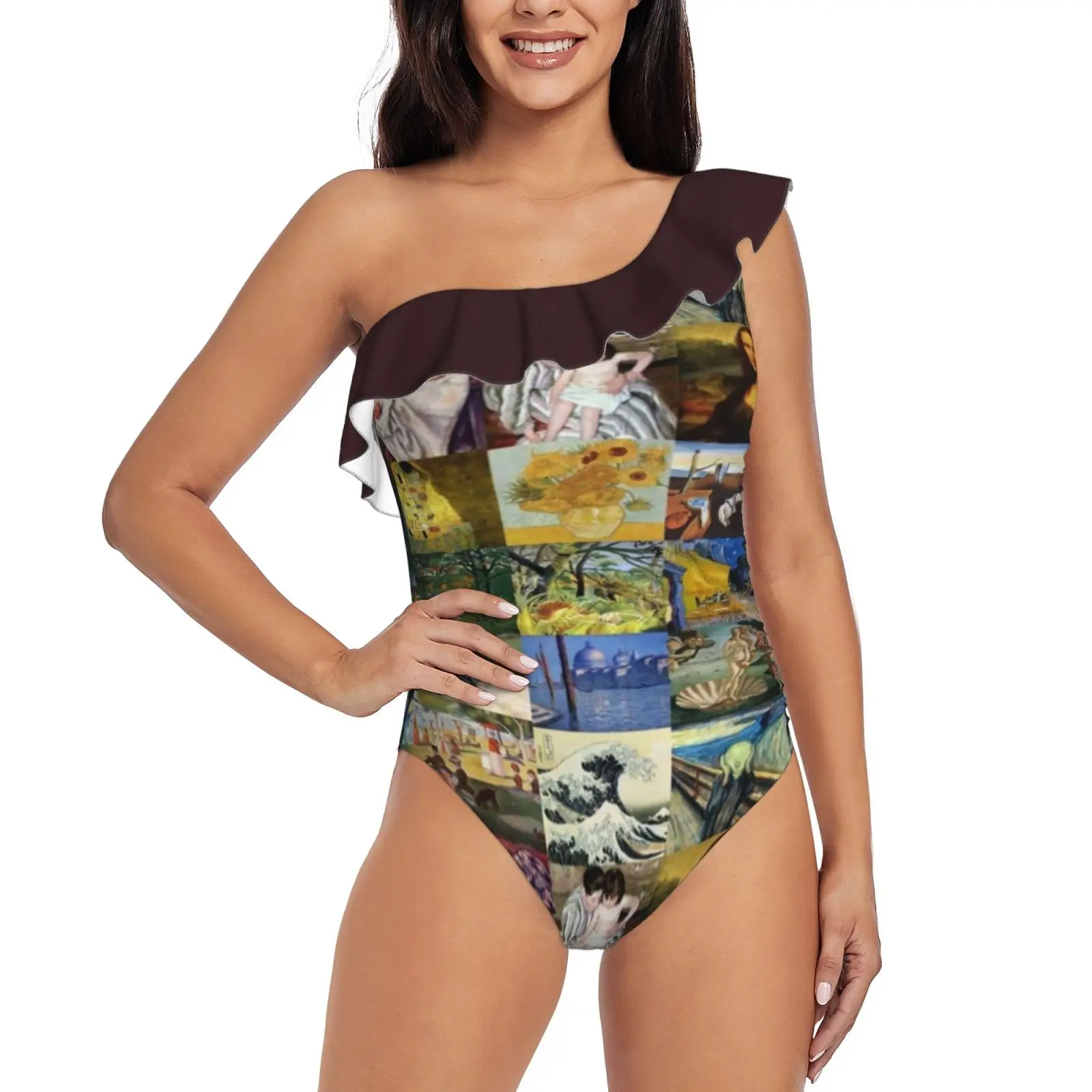 Famous Artwork Women Swimsuit One Piece Backless Swimwear Sexy Beach Wear Summer Bathing Suits Leonardo Da Vinci Mona Lisa