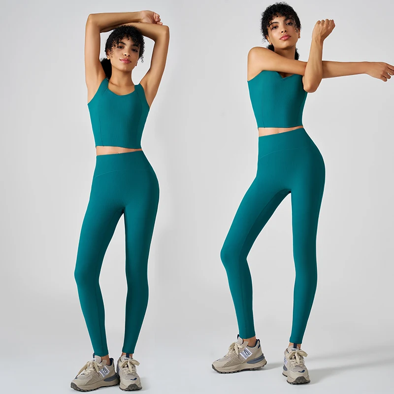 

Women's Yoga Suit Pants Workout Ribbed Square Neck Sleeveless Tank Top Exercise Fitness Clothes Long Pants Outwear