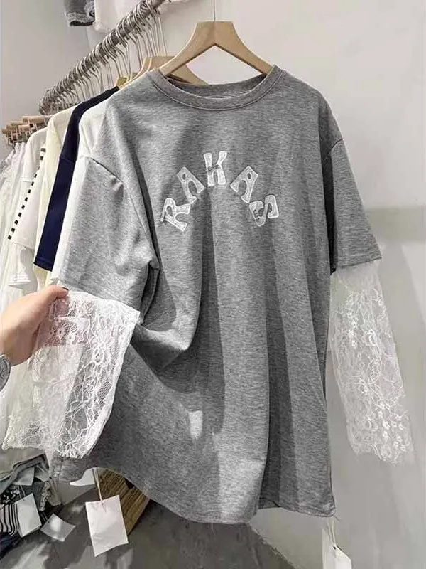 특대 사이즈 300 포 유럽 스타일 자수 레이스 패치워크 롱 슬리브 티셔츠 여성용 봄 여름 슬림핏 탑