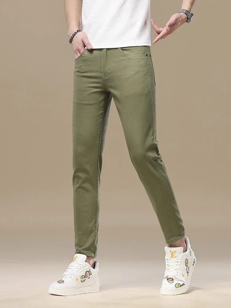 

Мужские летние эластичные облегающие джинсовые брюки с струящейся водой, новинка 2025, разноцветные модные джинсовые брюки