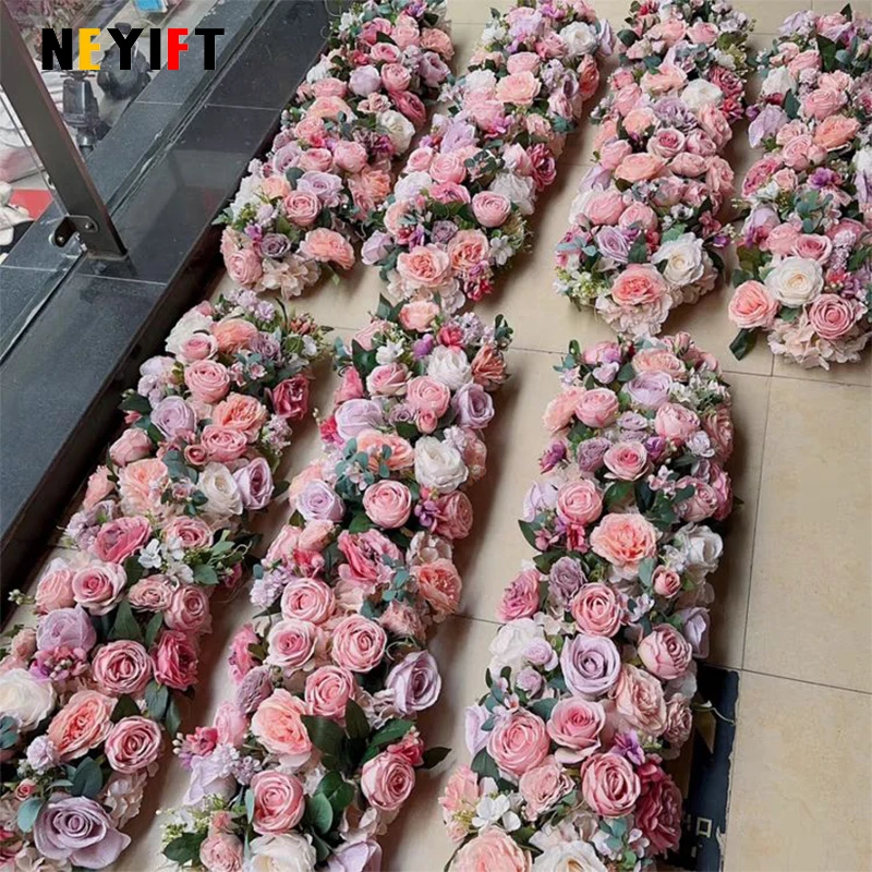 Custom New 1M Artificial Flower Rose with Green Leaf Floral Row Wedding Arch Background Wall Decor Hotel Home Event Table Runner