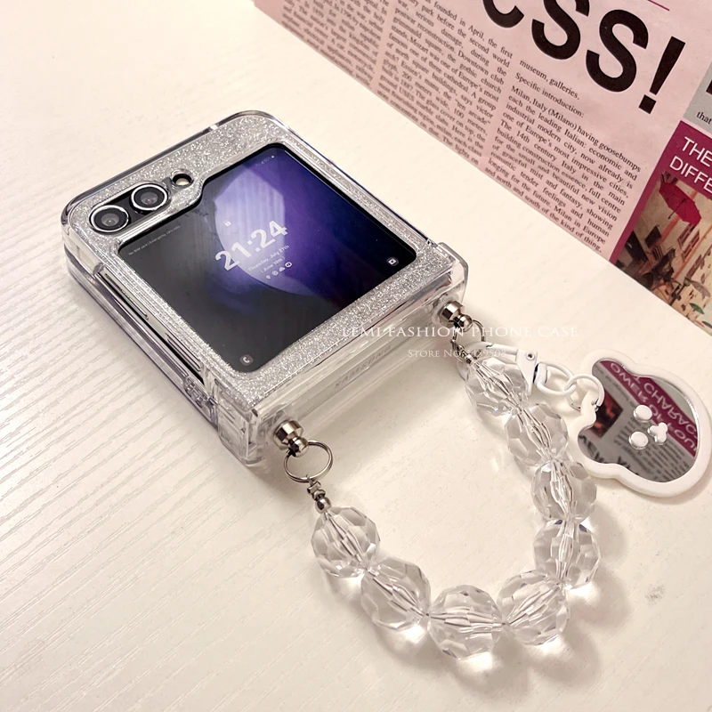 Bracelet Chain Glitter Hinge Clean Case For Samsung Galaxy Z Flip 3 4 5 6 zflip5 Protective Cover