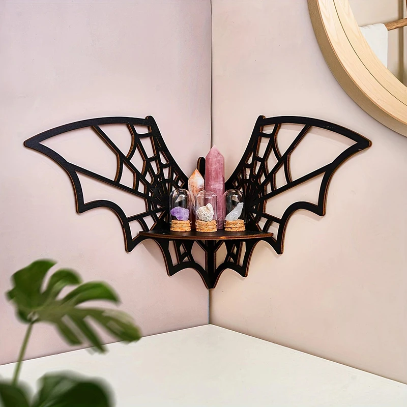 Halloween Decorative Shelf For Home Bat Corner Shelves Wooden Floating Bat Wall Corner Shelves Gothic Jewelry Display Shelf
