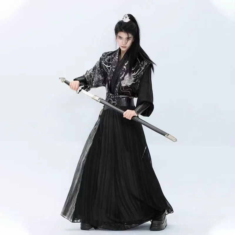 Dark Black Dragon Embroidery Hanfu Men's Tang Dynasty Cross Collar Beizi Skirt Vintage Chinese Martial Art Clothing Cosplay Male
