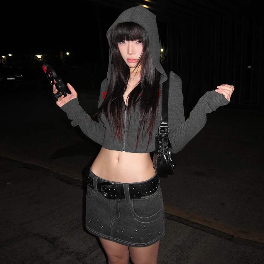 

SylCue Letter Print Hooded Jacket Woman Autumn Trend Zip Cardigan Full Sleeve Navel Exposed Daily Street Casual Fashion Coats