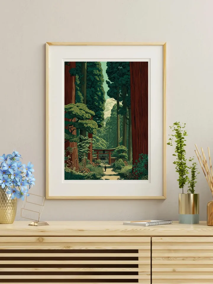 Vintage Japanese Forest Poster, Woodblock Art, Road to Nikko by