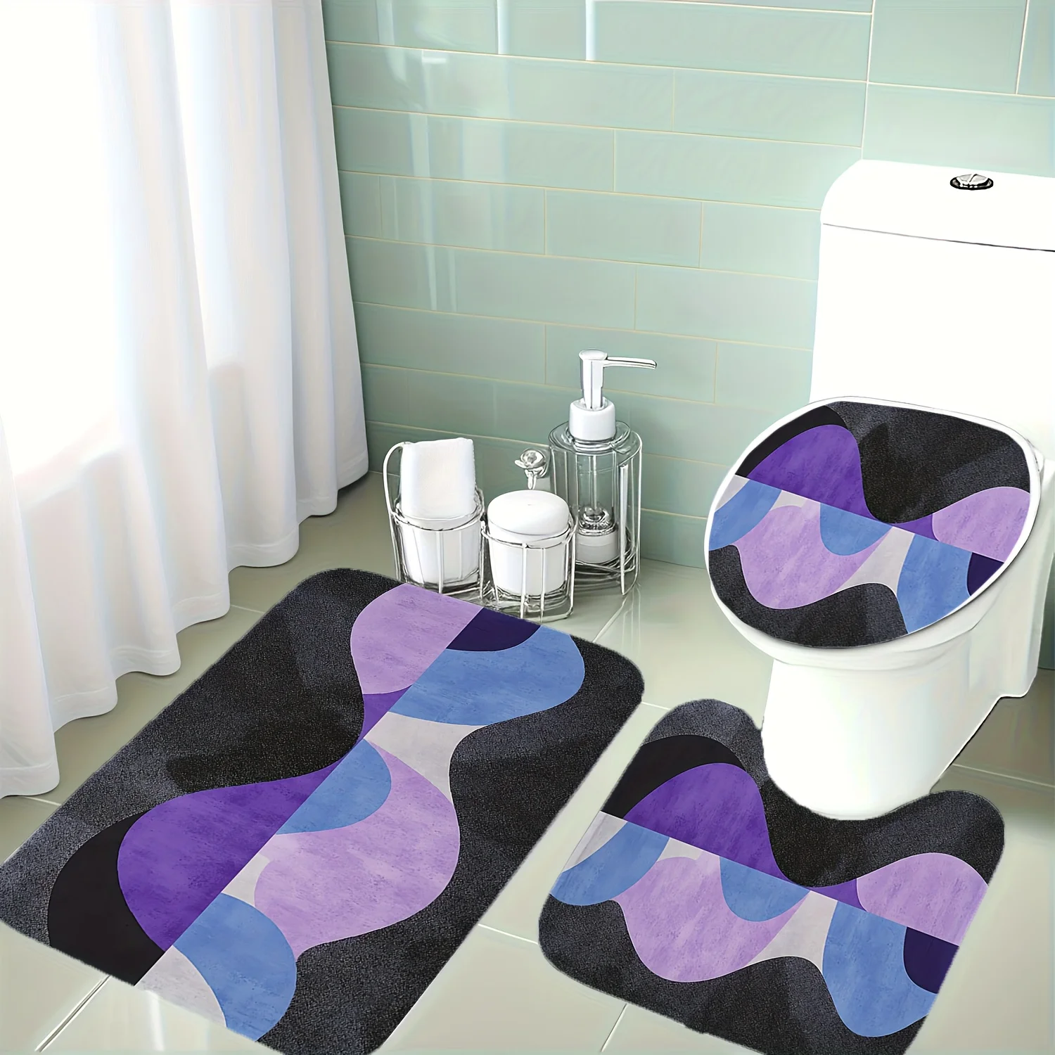 

Christmas Decoration, 3pcs Set of Bathroom Mats with Dynamic Wavy Geometric Patterns in Black, Purple, Blue and More - Toilet Li