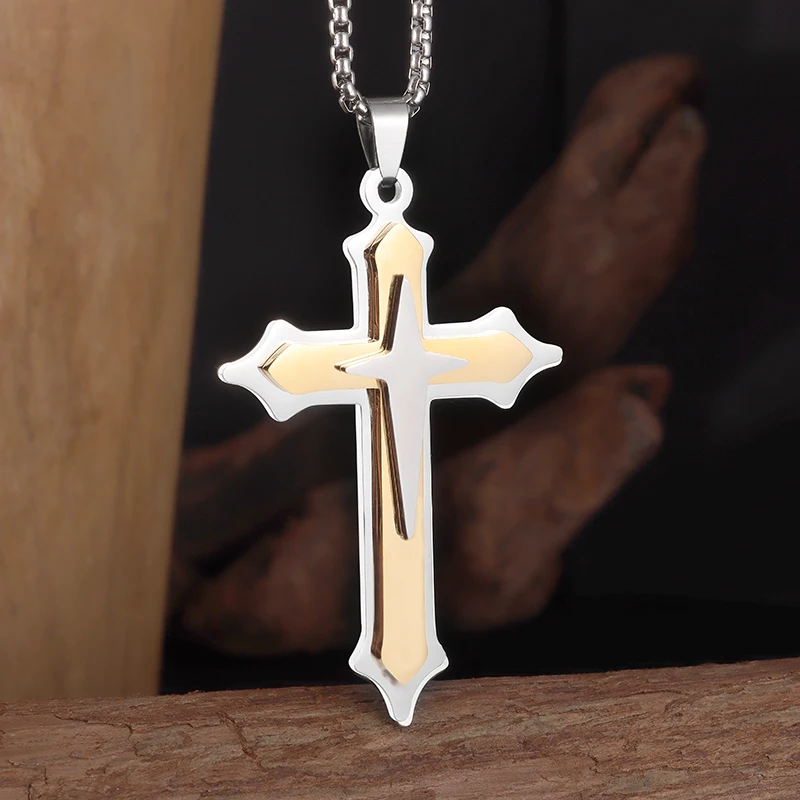 Vintage Stainless Steel Four Pointed Star Cross Pendant Necklace Men Women Christian Prayer Amulets Trend Jewelry