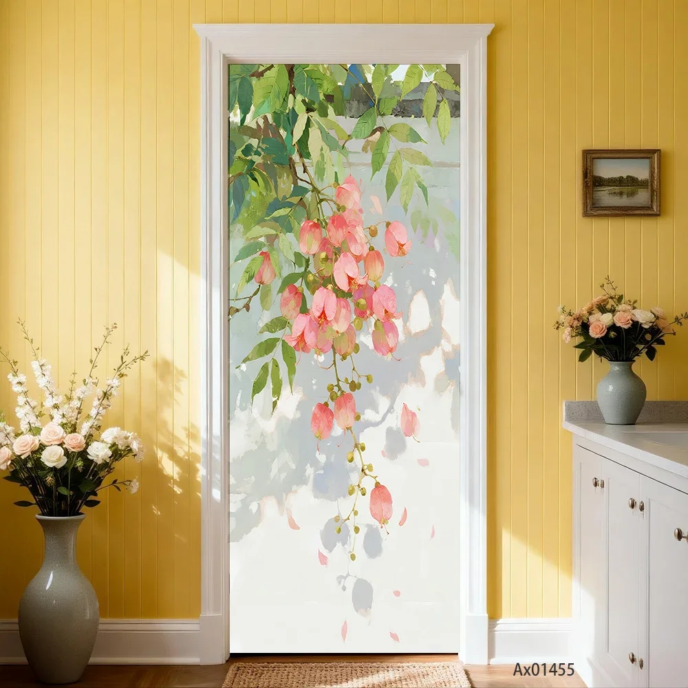 Blooming Pink Vine Door Wrap - Waterproof Vinyl Sticker for Home Full Door Cover Decals Wallpaper Cabinets Art Decoration