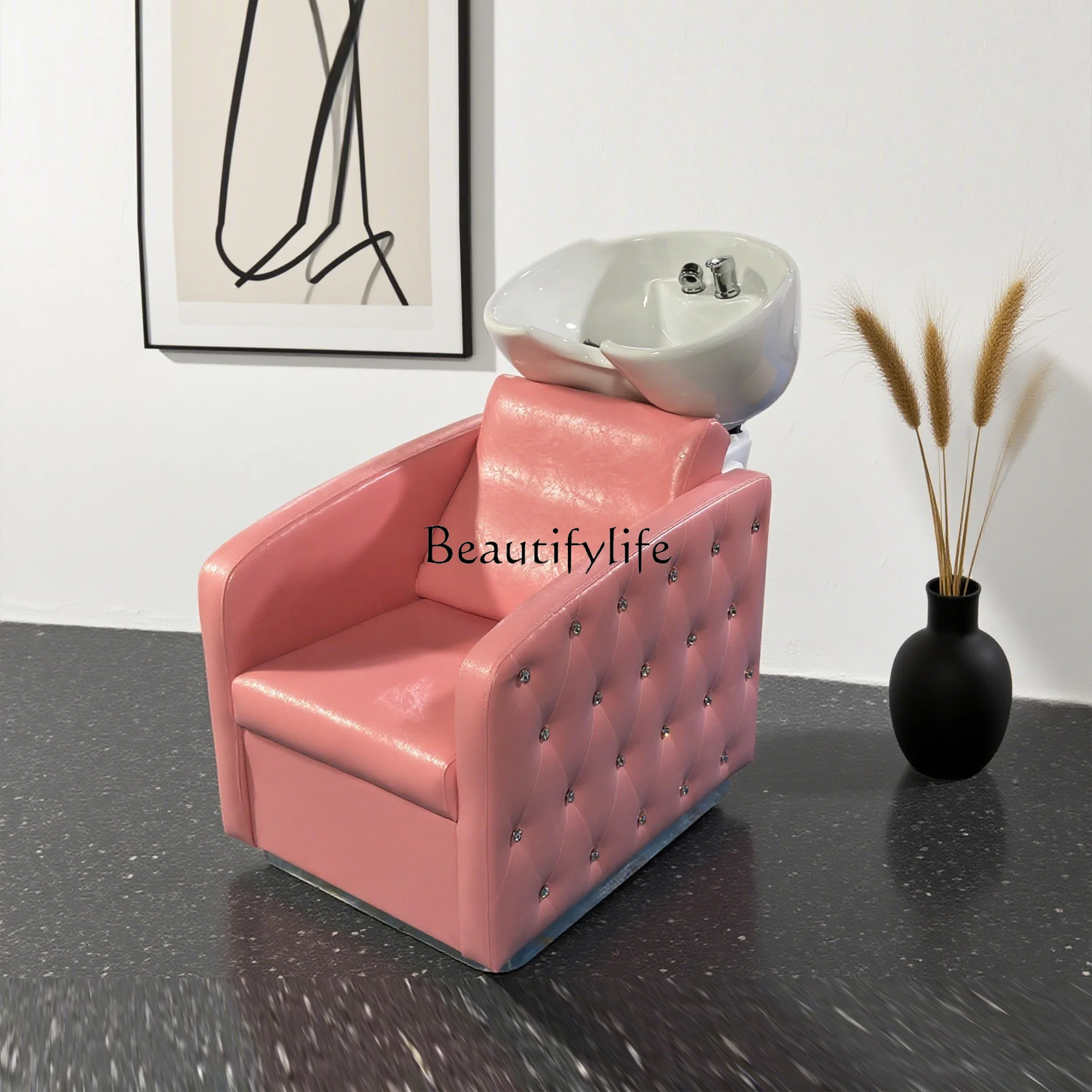 

LJYHair salon special seated shampoo bed Barber shop ceramic basin shampoo recliner