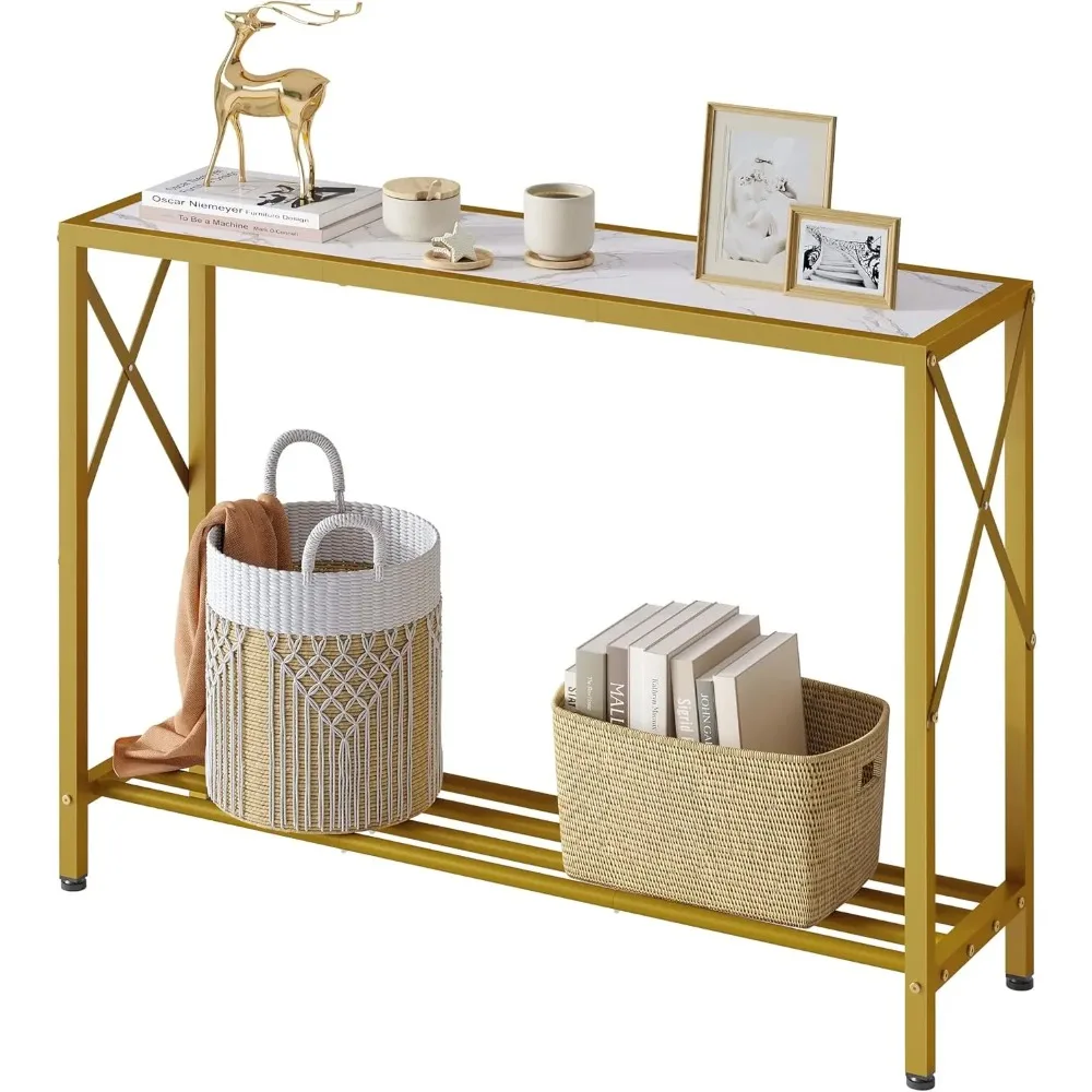 

41.8" Narrow Sofa Table with 2 Shelves, Gold & White Console for Entryway, Living Room, Office