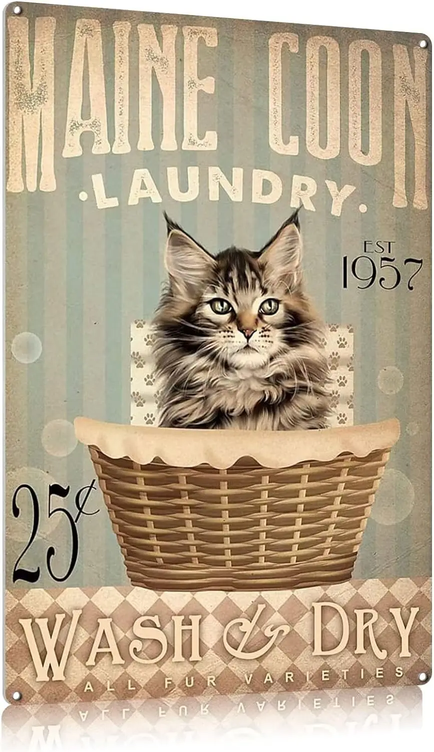 Vintage Metal Tin Sign, Maine Coon Wash Dry Aluminum Sign Wall Art Decor Metal Sign Decoration Sign 8x12 Inches sign