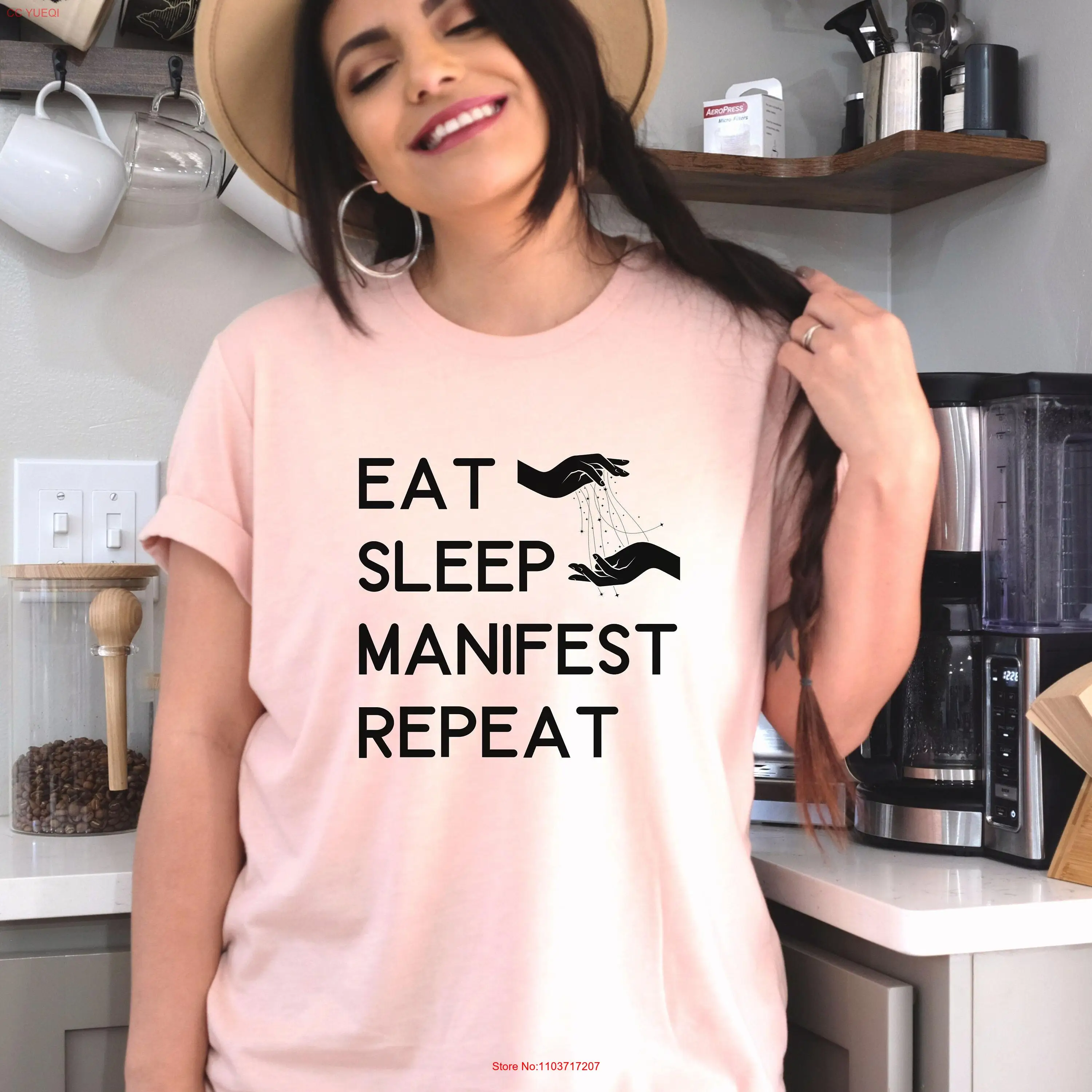 Футболка Eat Sleep MANIFEST, футболка с повторением, женская футболка с деньгами, подарок в стиле бохо, женская жизнь своей мечты с длинными или короткими рукавами