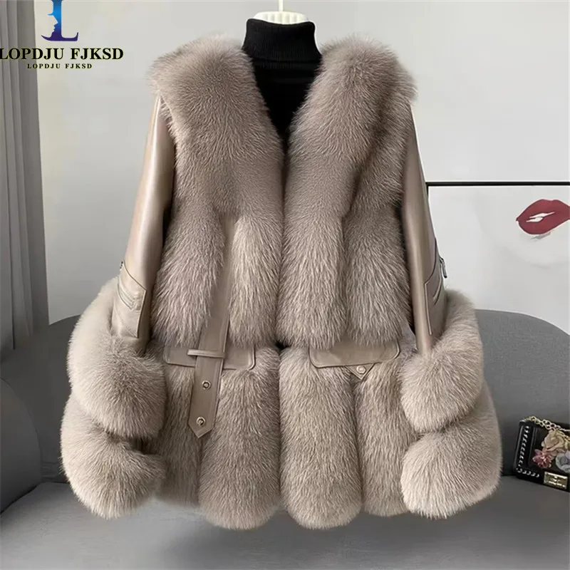 

Faux Fox Fur Coat for Women,Covered Button Jacket,Spliced Outwear, V-Neck,Thick Furry, Casual,Autumn and Winter, 2024