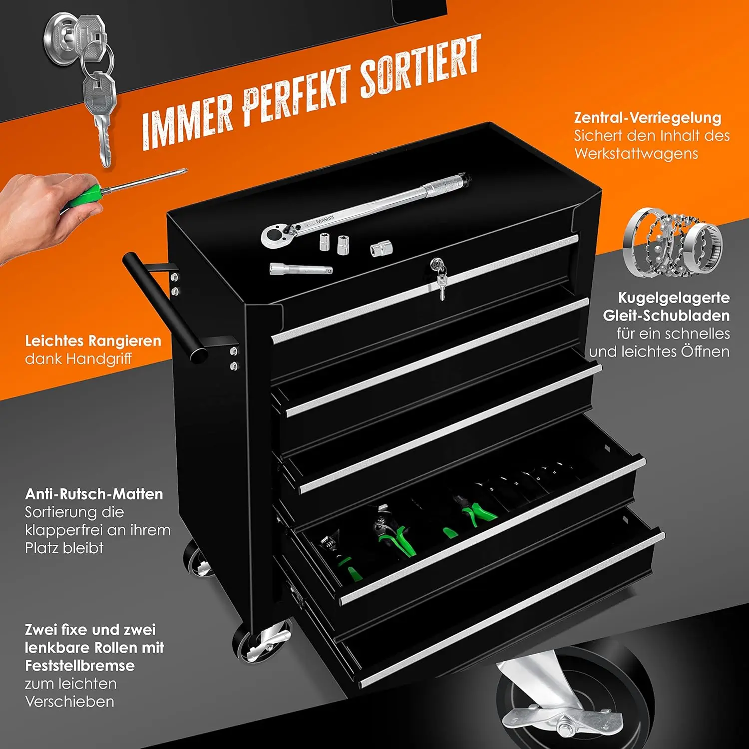 Carro de long con ruedas، de herramientas، caja de herramientas، 5 y 7 comparments