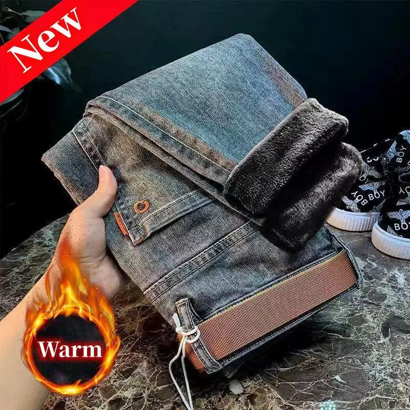 Moda męska jesień ciepłe zimowe dżinsy spodnie biznesowe mężczyźni Retro spodnie jeansowe wysokiej jakości Casual rozciągliwe dopasowanie męskie