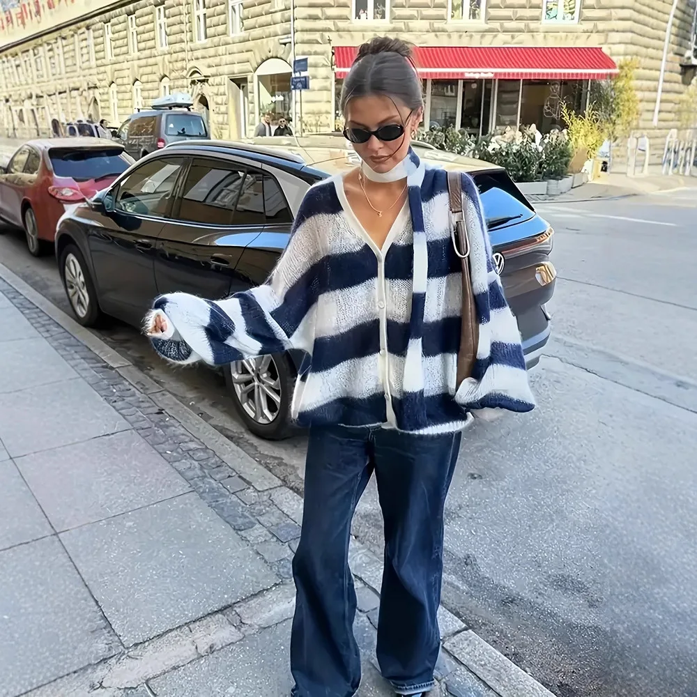 Striped Sheer Knit Cardigan V‑Neck Button Down Oversized Loose With Matching Scarf Women Casual Sweater Coat 260901