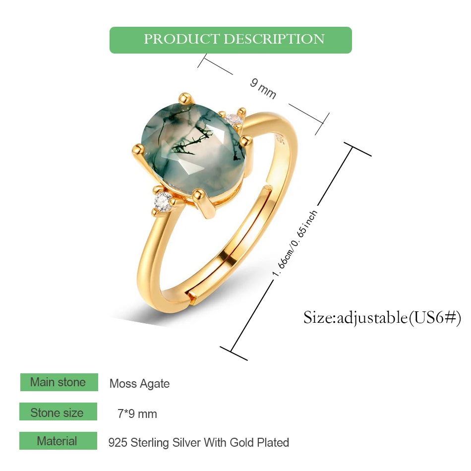 WES 925 Sterling Silver Original Certified Natural Stone Moss Agate Rings for Woman Gold Plated Trendy Anniversary Fine Jewelry