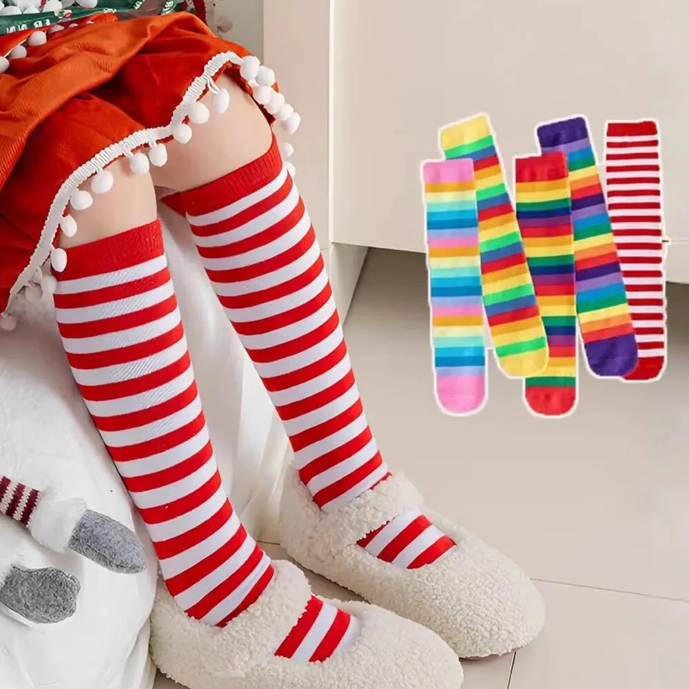 Stripped Teen Kids Girls Knee High Socks Girls Christmas Cosplay Party Socks  Spring Autumn Children's Long Stockings Rainbow