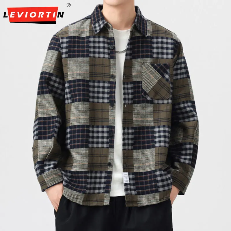 

Весна и осень 202, японская ретро-мужская клетчатая рубашка с длинными рукавами, свободная и универсальная, матовая этническая трендовая рубашка.