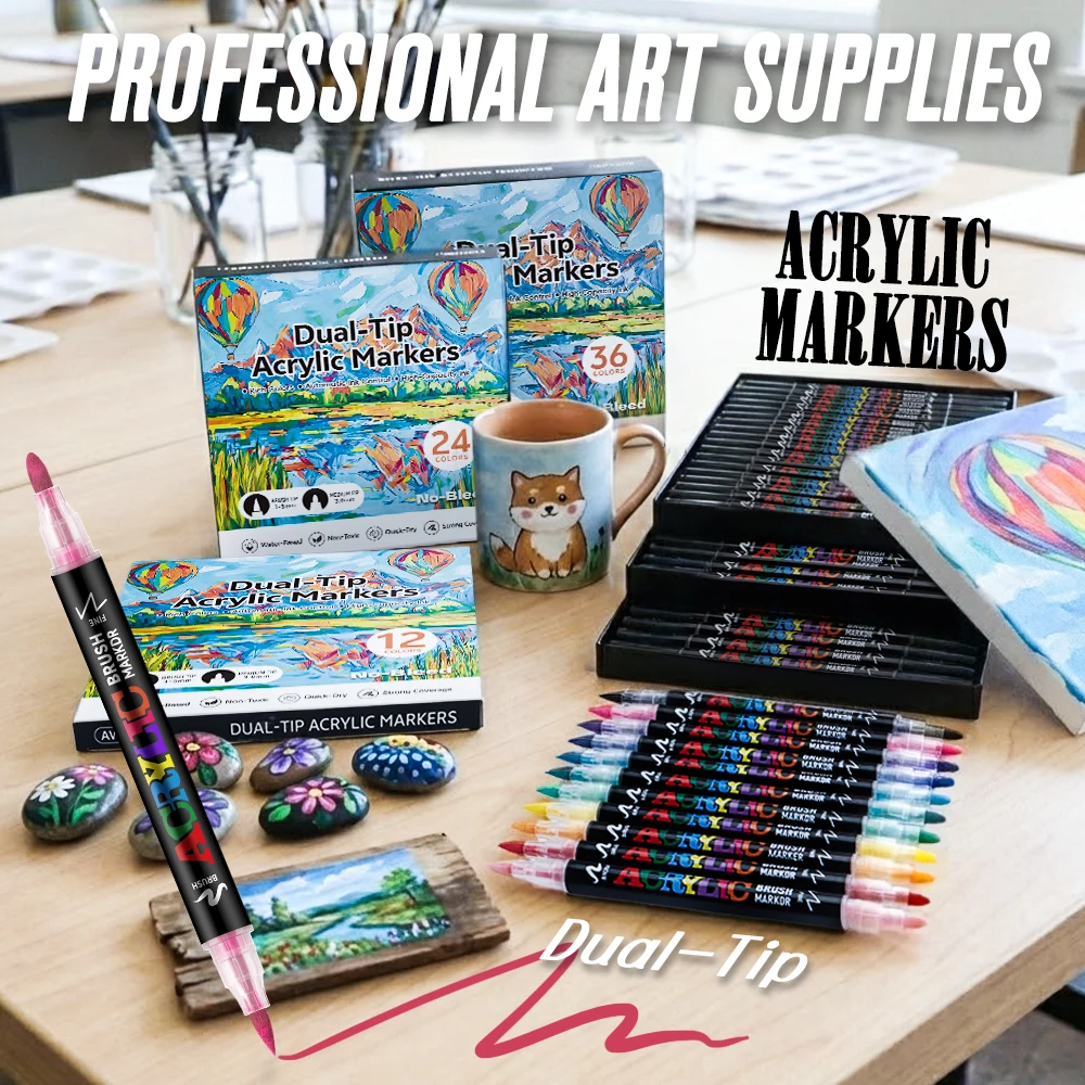 

Dual-Tip Acrylic Marker Set, Available in 12-120 Colors, with Soft Tip + Fine Tip Dual Tip Design, Water-Based, Quick-Drying, Waterproof, High Coverage, Non-Smudging, Non-Bleeding through Paper, Suitable for Painting on Ceramics, Metal, Stone, Plastic, Ca