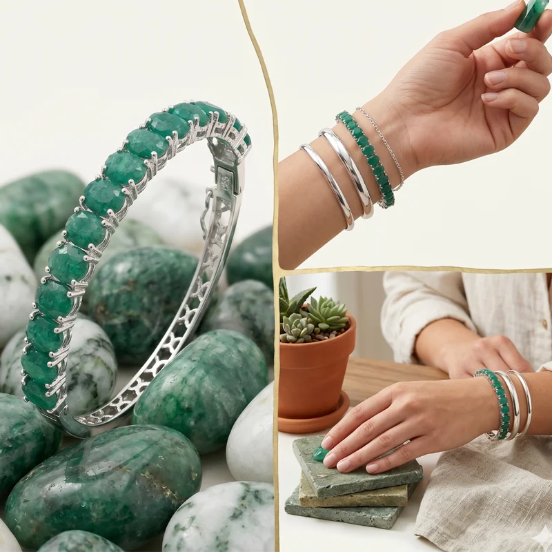 75x8mm Pretty15.6g Real Green Emerald Real Red Ruby Golden Citrine Present Silver Bangle Bracelet 8.5