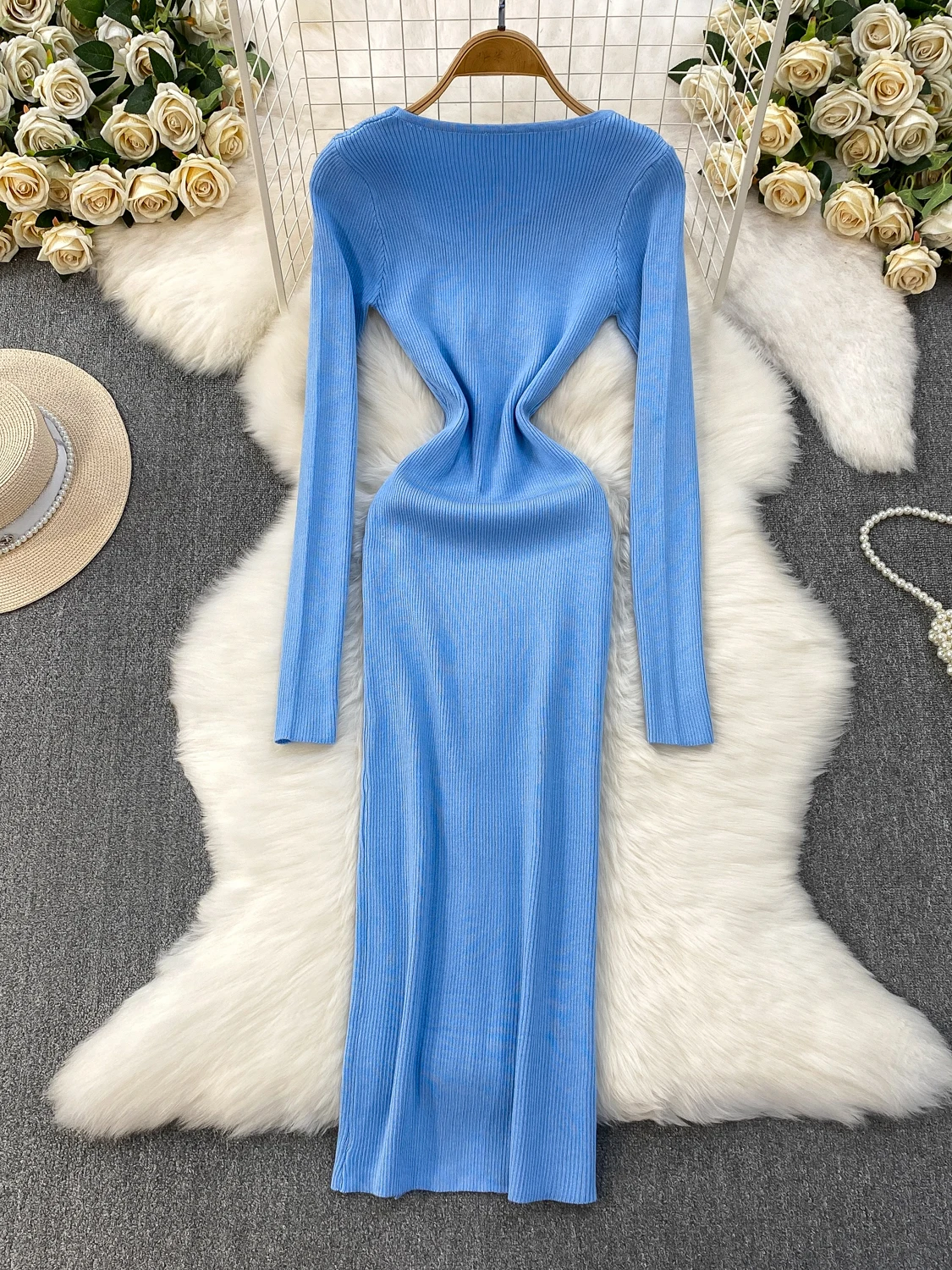 Ele Knitted Dr Damska Jesienno-Zimowa Spódnica z Wysokim Stanem, Rozcięciem na Boku, Długa, Koreańska, Elegancka, Asymetryczny Kołnierz