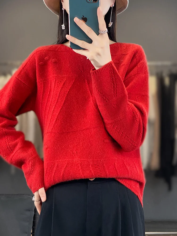 New Chic Women Sweater Autumn Winter Office Lady O-neck Pullover 100% Merino Wool Long Sleeve Cashmere Knitwear Female Clothing