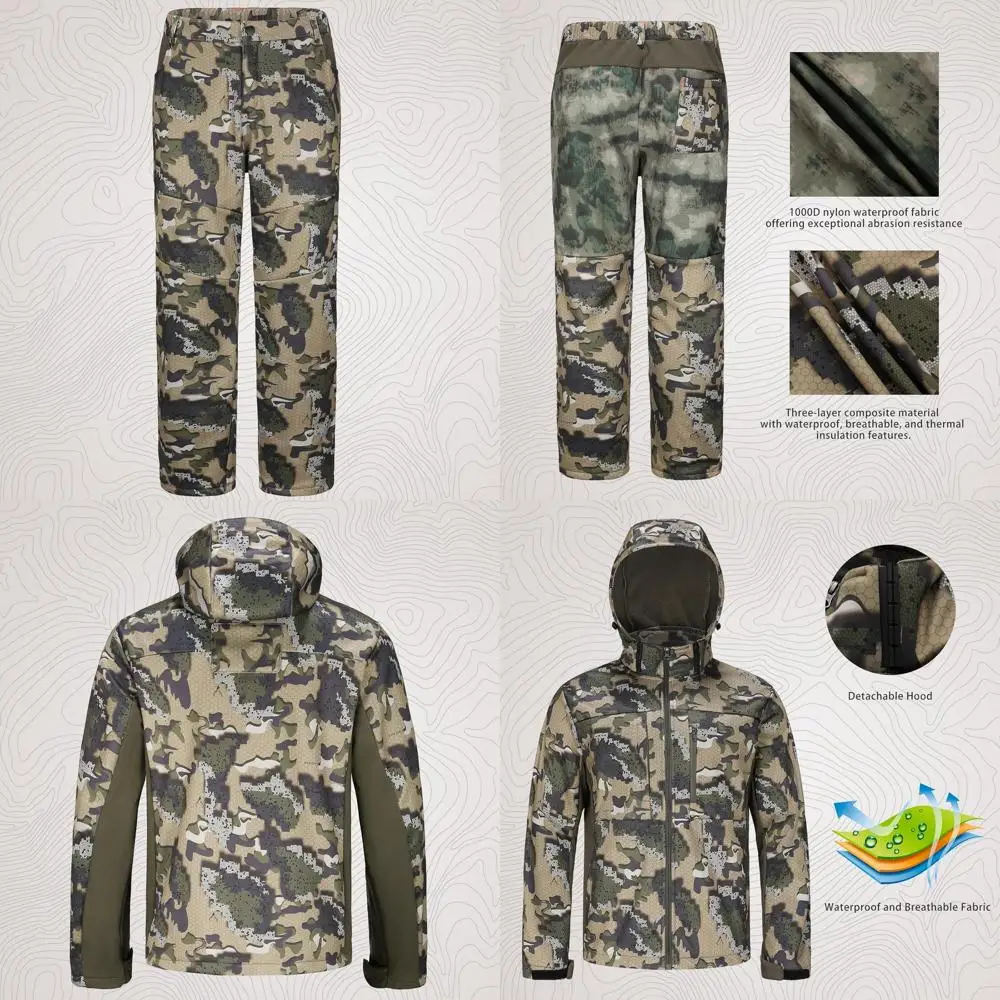 UIIHUNT Jachtkleding voor heren met fleecevoering: compatibel met veiligheidsriem, waterbestendig, stil jachtjack en broek