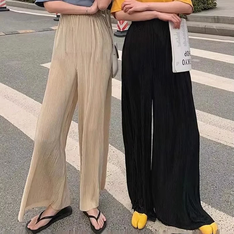 Women Fashion Summer Wide Leg Pants Pleated Ice Silk Trousers Elastic Waist Loose Casual Pants