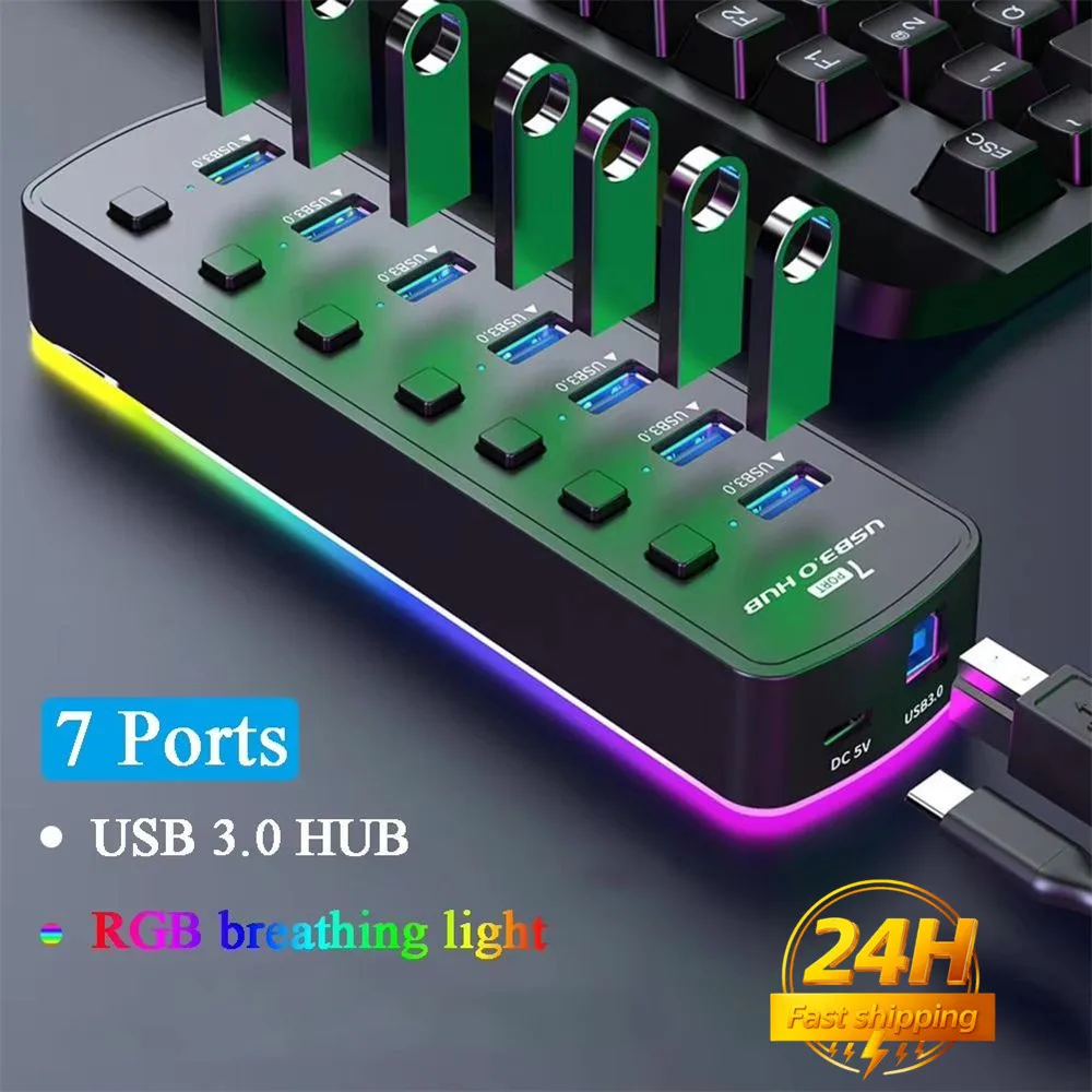 

RGB USB 3.0 Hub 7 Ports Data Port Adapter 5Gbps Individual On/Off Switch Splitter Gaming USB Hub For Laptop PC Computer Accessor