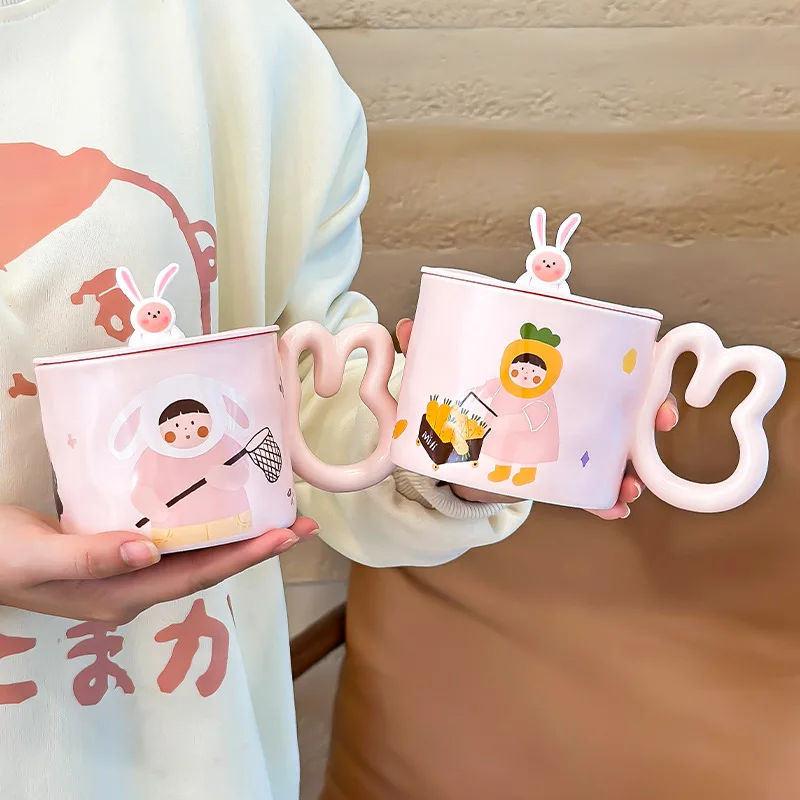 300ml Cartoon Ceramic Mug With Lid and Spoon Creative Cute Coffee Milk Tea Breakfast Cup Drinkware Novelty Gifts