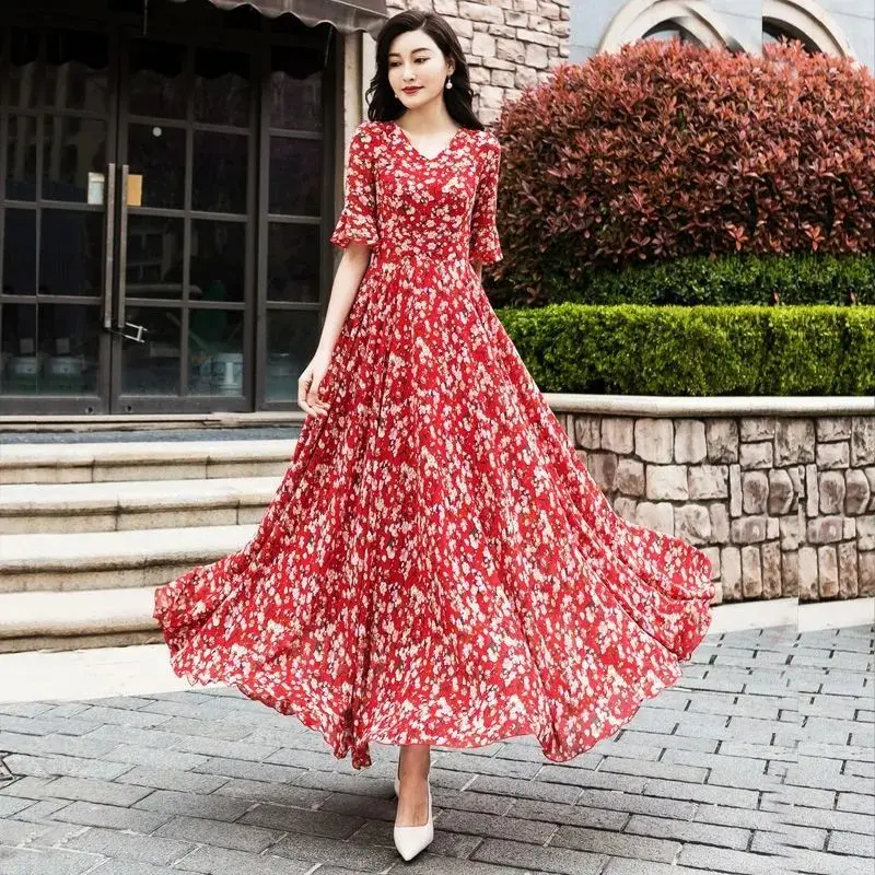 

Summer Women's Printed Ruffle Trim Dress Casual Beach Vacation Outfit Floral Summer Dress Evening Casual Soft Dresses 2026 S962