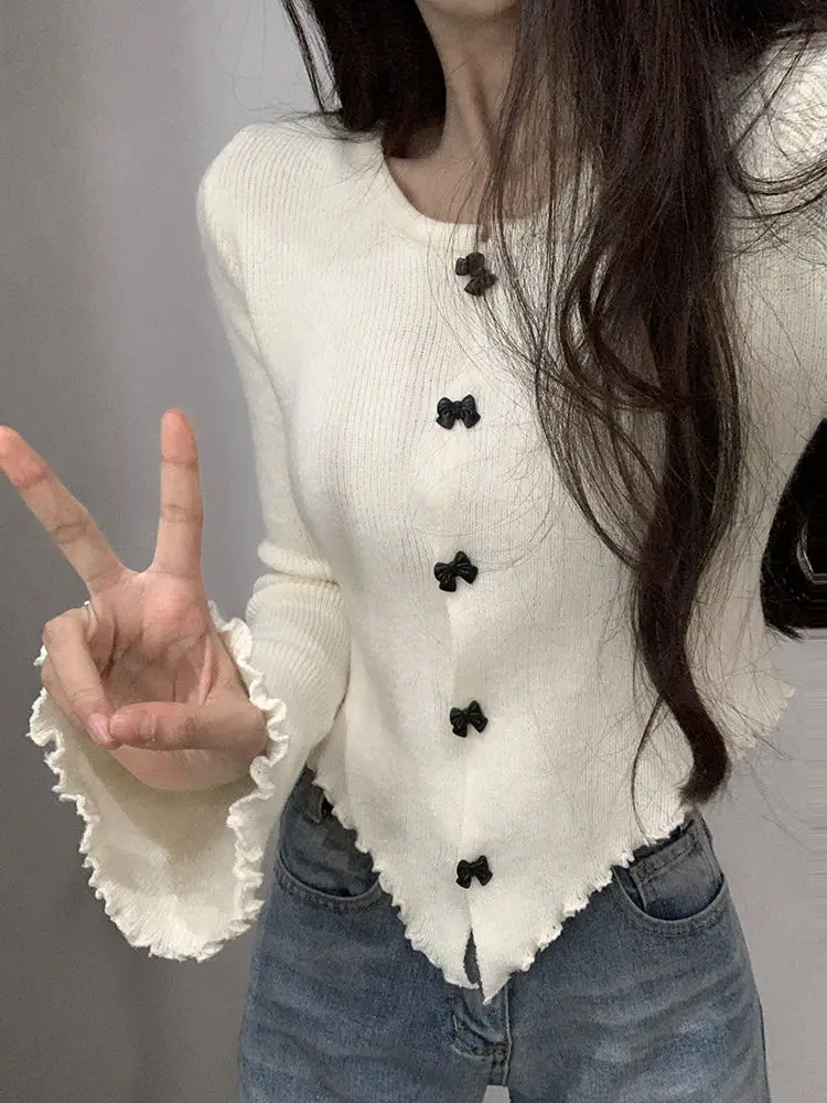

Korean Sweet O-neck Bow Knitted Cardigan Y2k Rregular Slim Fit Sweaters Mujer Early Spring New Flare Sleeve Tops Women