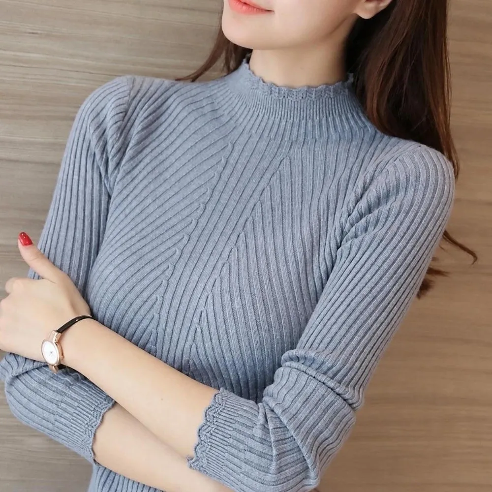 Comfortable Ruffles Trim Mock Neck Sweater Solid Color Long Sleeve Knitted Bottoming Top Pullover Sweater For Women