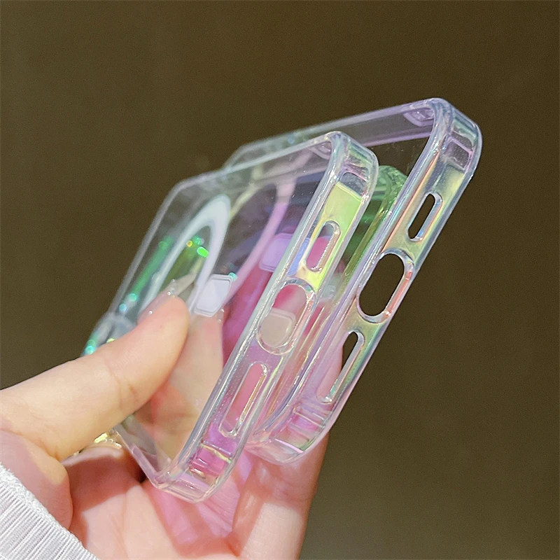 For Magsafe Magnetic Wireless Charging Rainbow Laser Clear Case For iPhone 16 15 14 13 12 11 Pro Max X XS XR 8 7 16Plus SE Cover